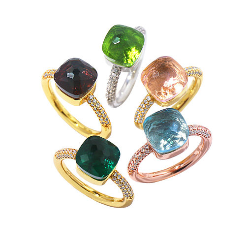 Simple Style Square Copper Plating Inlay Crystal Zircon Gold Plated Rings
