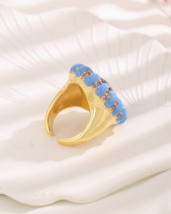 Vintage Style French Style Square Oval Copper Enamel Plating Inlay Zircon 18K Gold Plated Open Rings