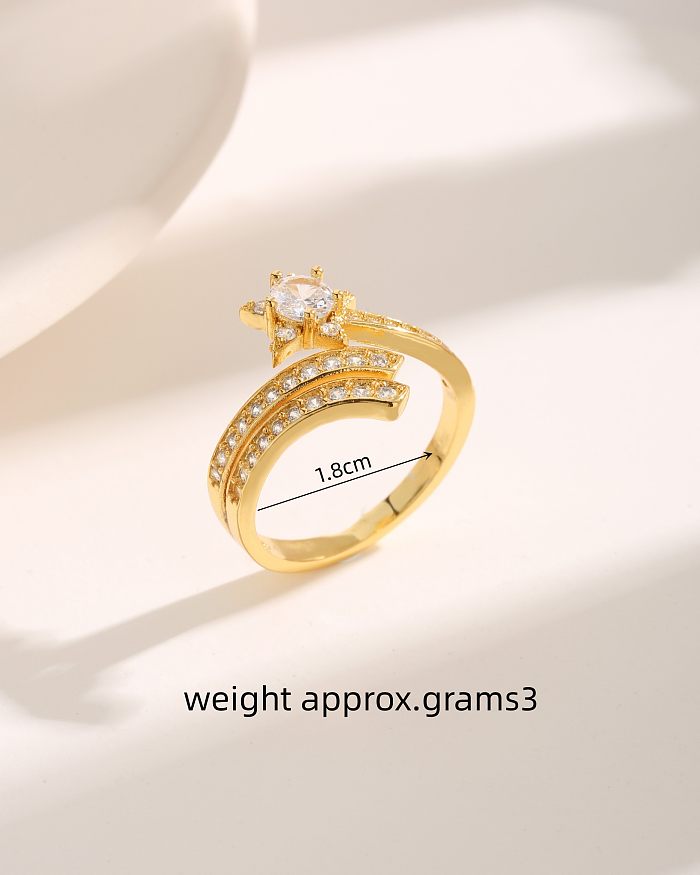 Básico luxuoso brilhante pentagrama chapeamento de cobre embutimento zircão anéis abertos banhados a ouro 18K