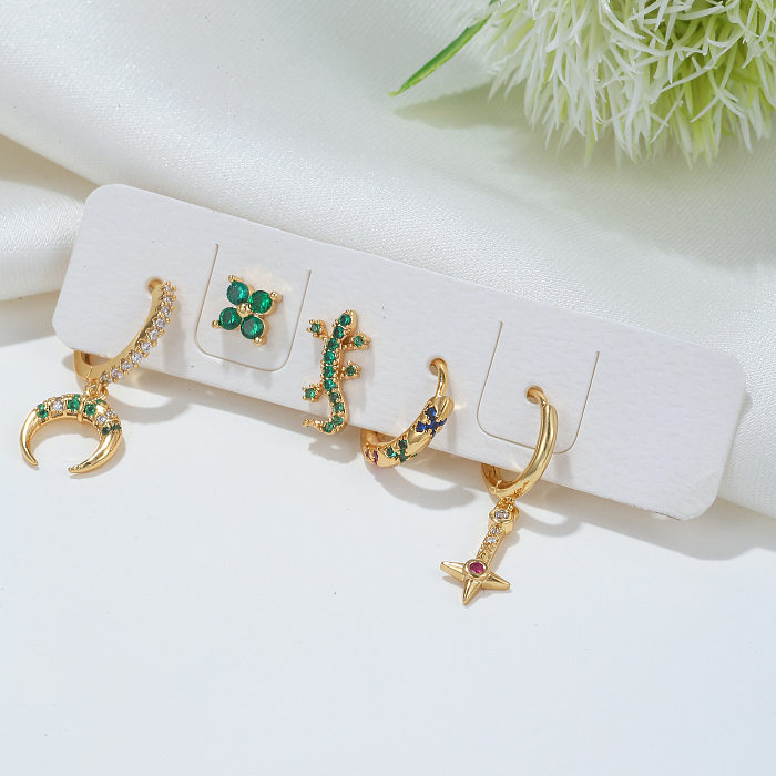 Fashion Animal Moon Flower Copper Inlaid Zircon Earrings 1 Set