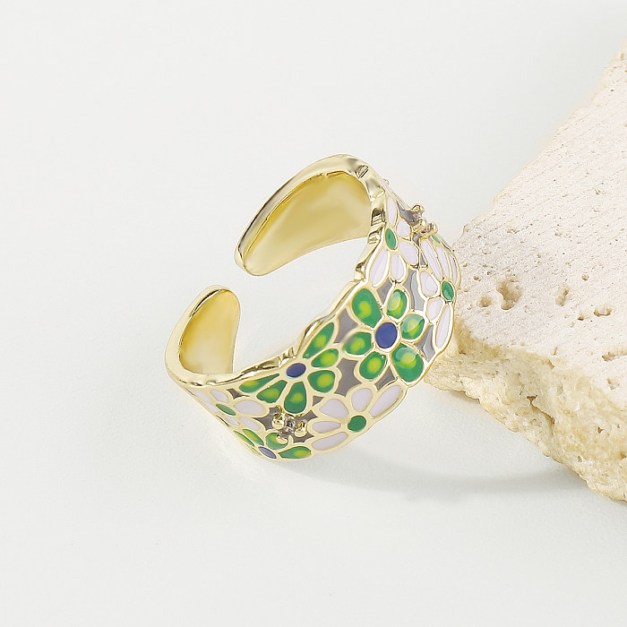 Anéis abertos de zircão com incrustações de aço esmaltado de borboleta e flor fofa