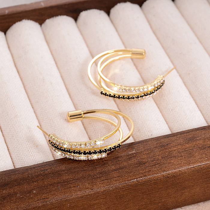 1 Pair IG Style Elegant Shiny C Shape Plating Inlay Copper Rhinestones 14K Gold Plated Ear Studs