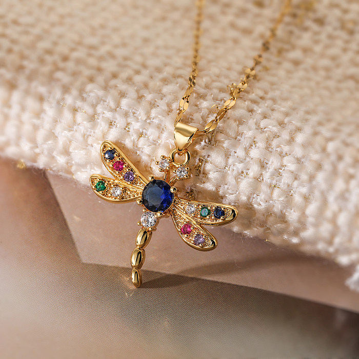 Simple Style Commute Dragonfly Copper 18K Gold Plated Zircon Pendant Necklace In Bulk