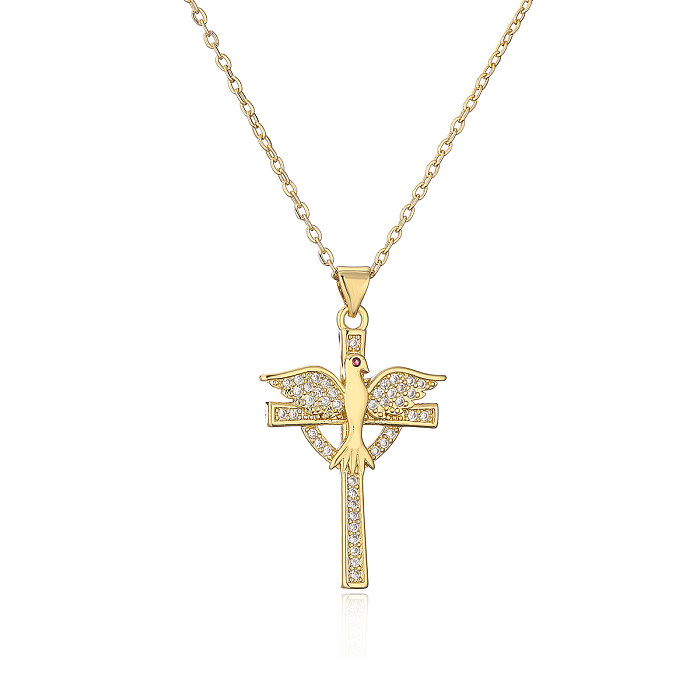 Elegant Lady Classic Style Cross Copper Plating Inlay Zircon 18K Gold Plated Pendant Necklace