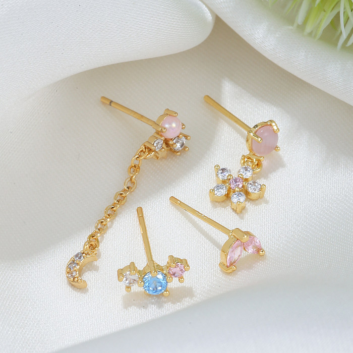 Fashion Star Moon Flower Copper Inlay Zircon Earrings 4 Piece Set