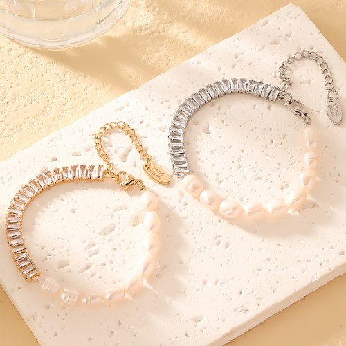 Süße glänzende quadratische ovale Edelstahl-Süßwasserperlen-Kupfer-Inlay-Zirkon-Armbänder. Kordelzug-Armbänder