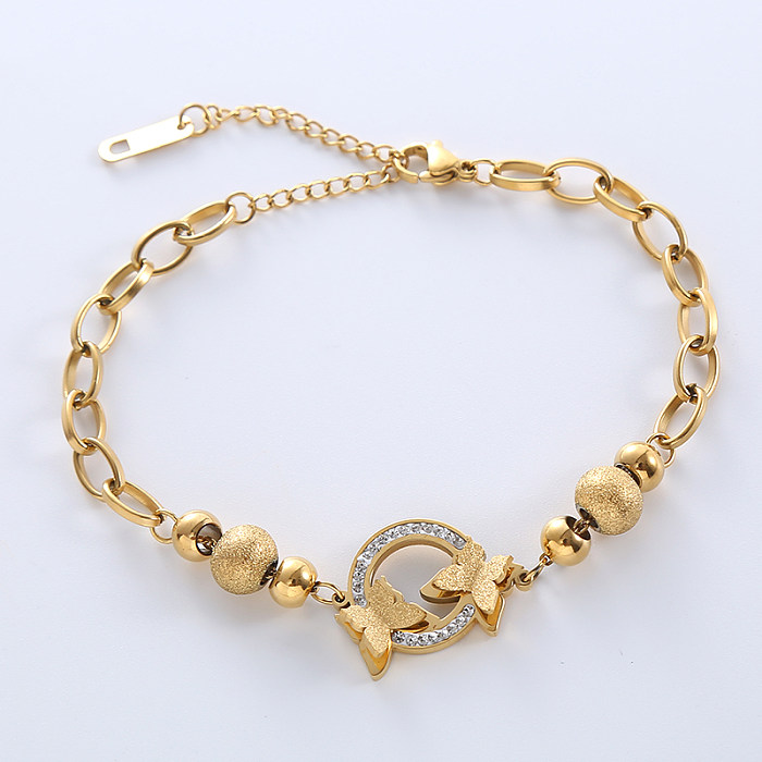 Casual Commute Butterfly Stainless Steel Plating Hollow Out Inlay Artificial Diamond 18K Gold Plated Rose Gold Plated Bracelets Necklace