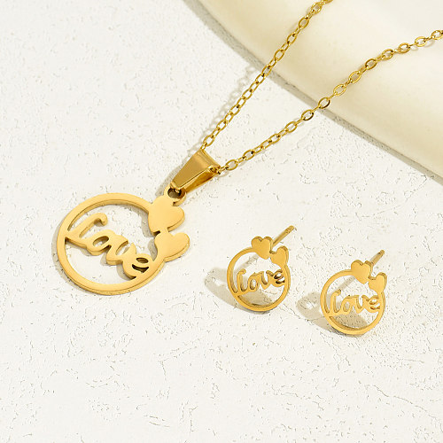 Sweet Heart Shape Stainless Steel Plating Hollow Out 18K Gold Plated Earrings Necklace
