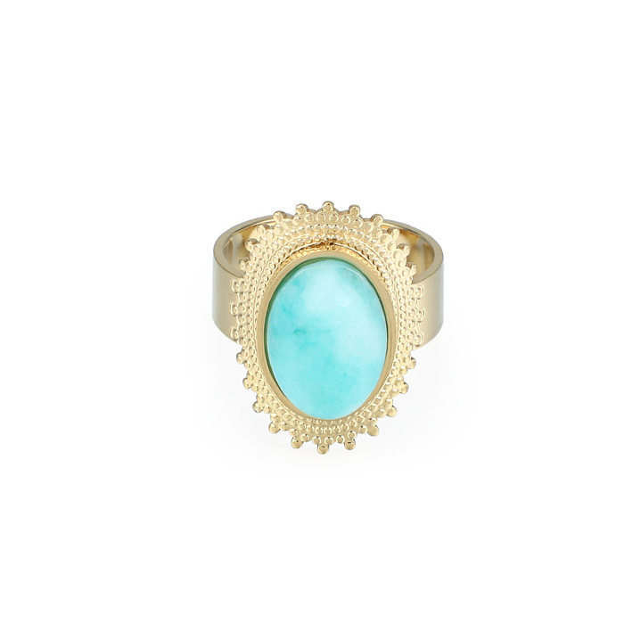 Retro Oval Turquoise Inlaid Golden Stainless Steel Open Ring