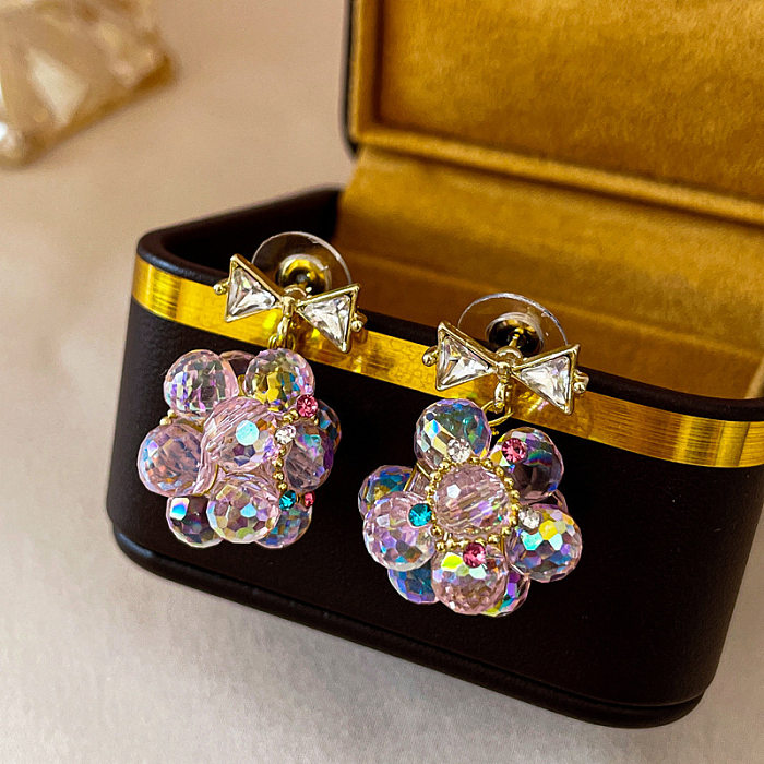 1 Pair Casual Sweet Heart Shape Flower Bow Knot Beaded Plating Inlay Copper Crystal Earrings