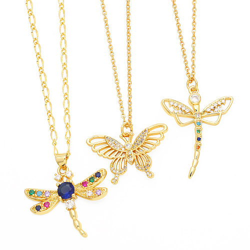 Sweet Simple Style Dragonfly Butterfly Copper Plating Inlay Zircon 18K Gold Plated Pendant Necklace