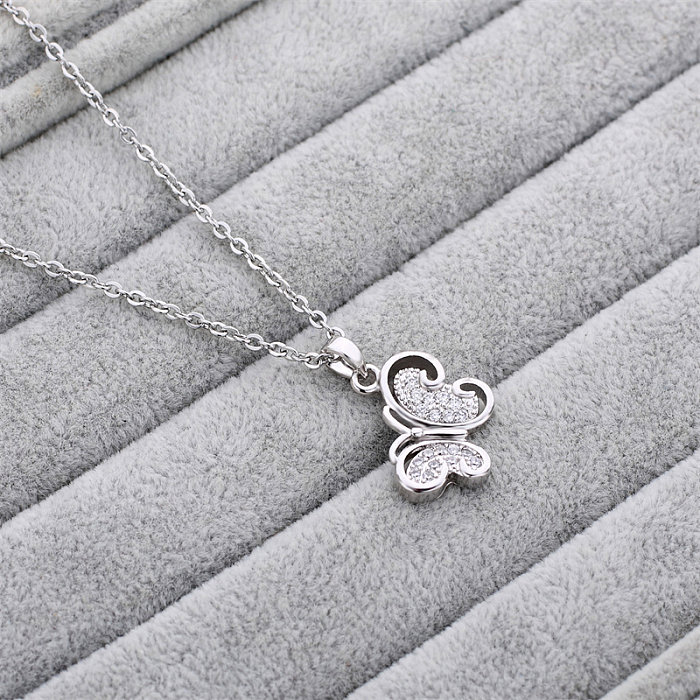 Cute Simple Style Butterfly Stainless Steel Copper Silver Plated Rhinestones Pendant Necklace In Bulk