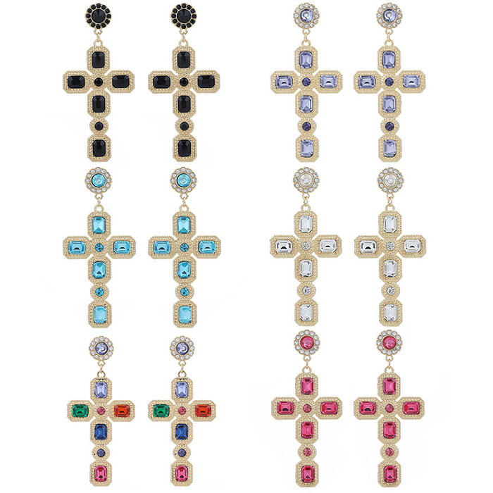 1 Pair Simple Style Cross Inlay Copper Rhinestones Drop Earrings