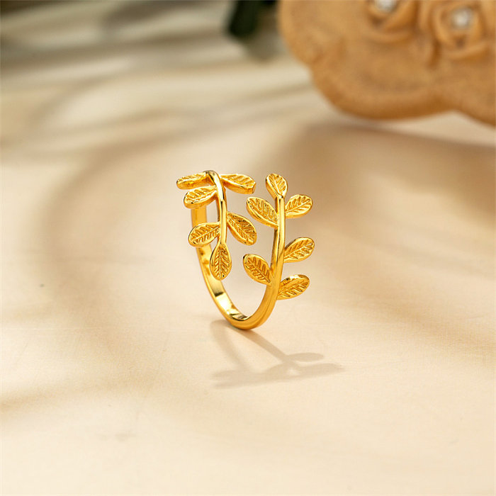 Elegante estilo simples estilo clássico folha cobre anéis banhados a ouro