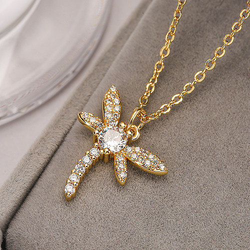 Simple Style Commute Moon Dragonfly Copper 18K Gold Plated Artificial Pearls Zircon Pendant Necklace In Bulk