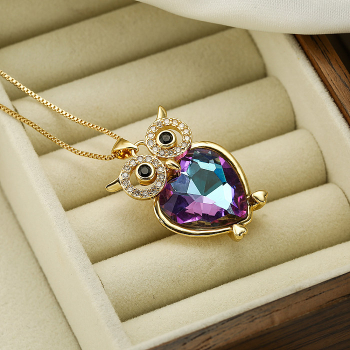 Cute Shiny Owl Copper Plating Inlay Zircon 18K Gold Plated Pendant Necklace