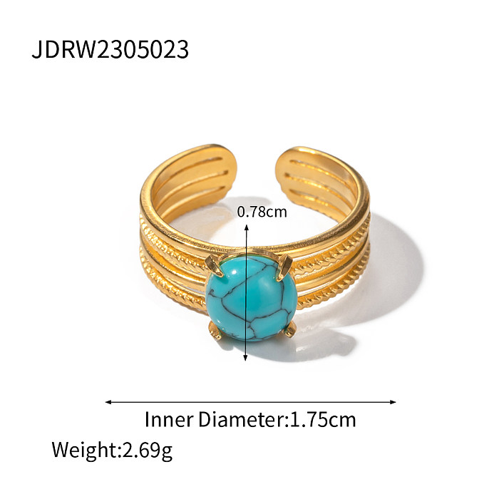 IG estilo casual redondo chapeamento de aço inoxidável incrustado turquesa anéis abertos banhados a ouro 18K