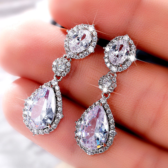 1 Pair Fairy Style Water Droplets Copper Inlay Zircon Earrings