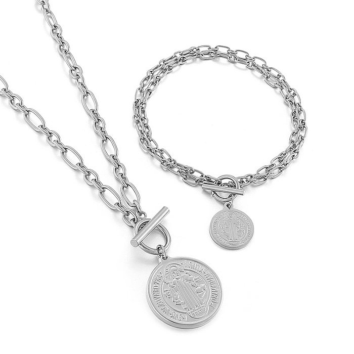 European And American Hip-hop Hipster Bracelet Necklace Simple Coin Stainless Steel Jewelry Set