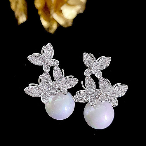 1 Pair Cute Butterfly Inlay Imitation Pearl Copper Zircon Ear Studs
