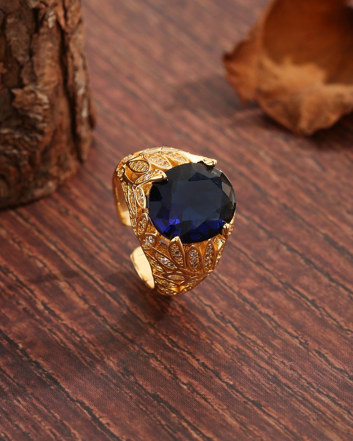 Vintage Style Exaggerated Luxurious Leaves Oval Copper Plating Hollow Out Inlay Zircon 18K Gold Plated Open Rings