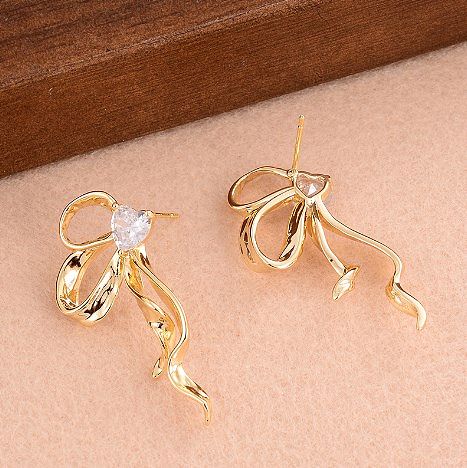1 Pair IG Style Shiny Bow Knot Plating Inlay Copper Zircon 14K Gold Plated Ear Studs