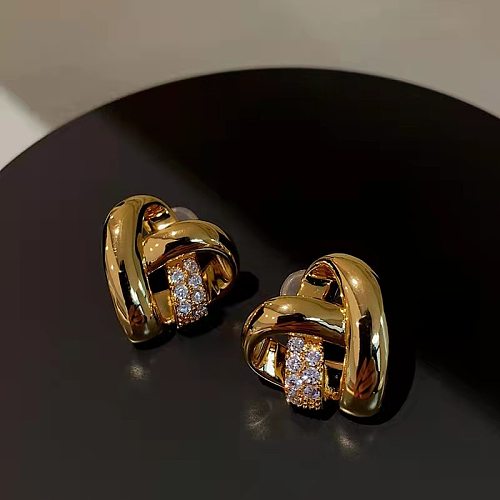Brincos de orelha de cobre em forma de coração da moda chapeamento incrustado de diamante artificial brincos de cobre