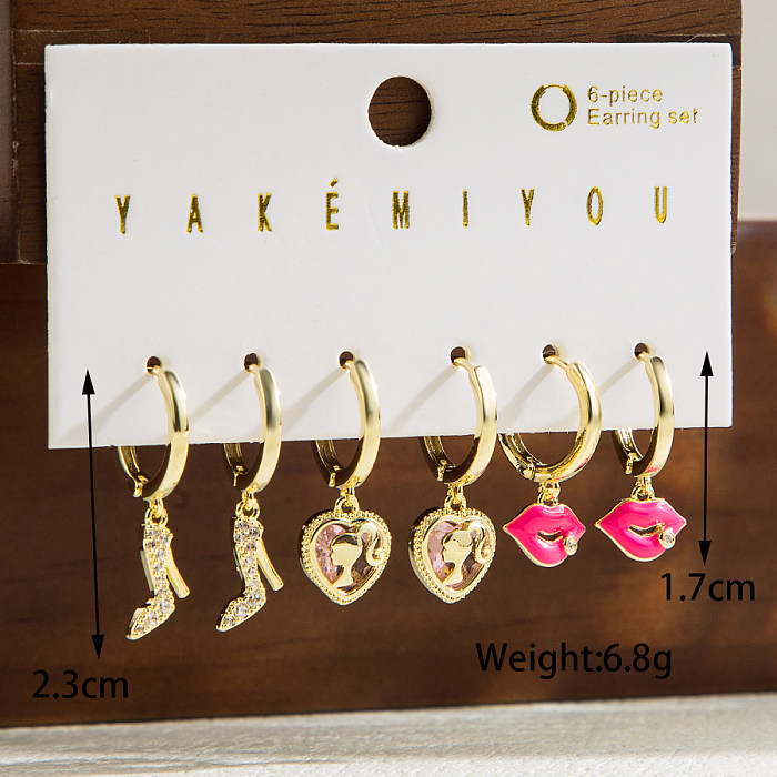 1 Set süße Lippenstift-Ohrringe in Herzform mit hohen Absätzen, Emaille-Beschichtung, Kupfer-Zirkon-Ohrhänger, 14 Karat vergoldet
