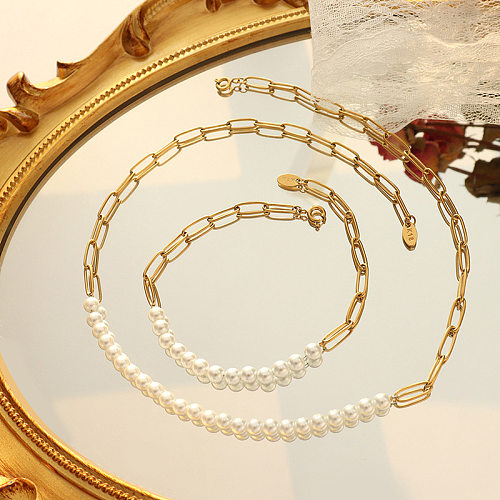 Conjunto de pulsera y collar de perlas con hilo de acero y titanio de moda