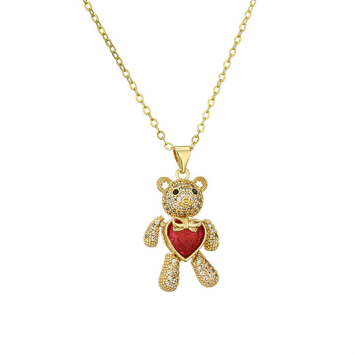 Collier pendentif décontracté en forme de cœur d'ours mignon, incrustation de placage de cuivre en Zircon plaqué or
