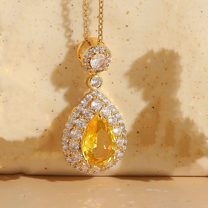 Elegant Luxurious Water Droplets Copper Plating Inlay Zircon 14K Gold Plated Pendant Necklace