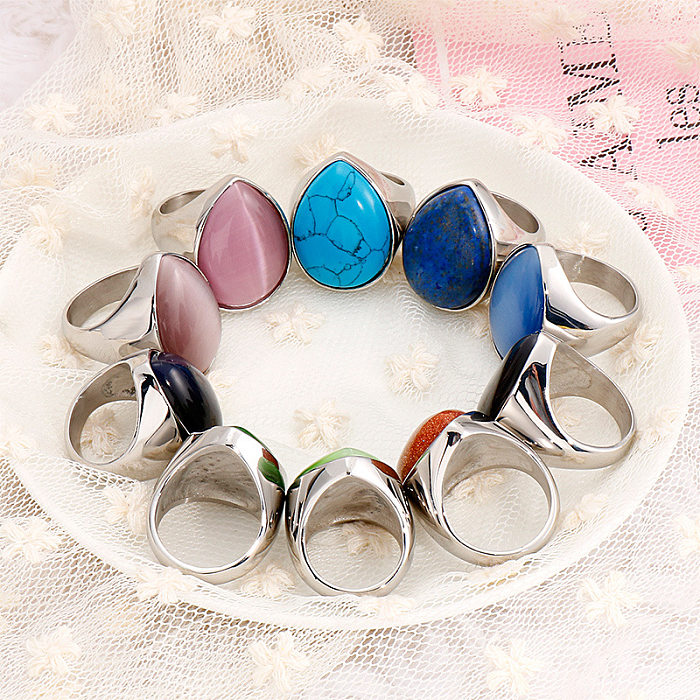 Fashion Retro Water Drop Turquoise Opal Stainless Steel Multi-color Ring Wholesale jewelry