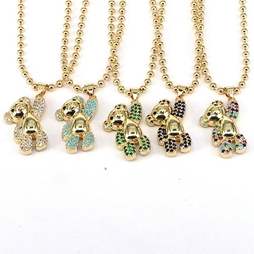 Casual Hip-Hop Little Bear Copper Plating Inlay Zircon Gold Plated Pendant Necklace