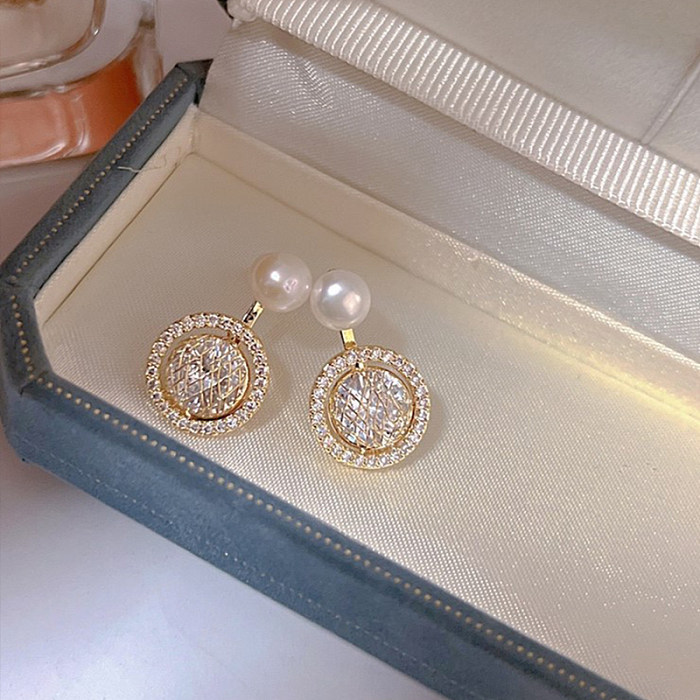 1 Pair Elegant Classic Style Commute Round Plating Inlay Copper Artificial Diamond 14K Gold Plated Drop Earrings
