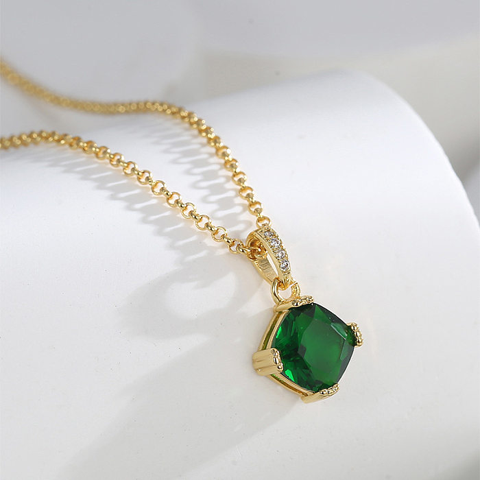 Classic Style Square Copper Plating Inlay Zircon 18K Gold Plated Pendant Necklace