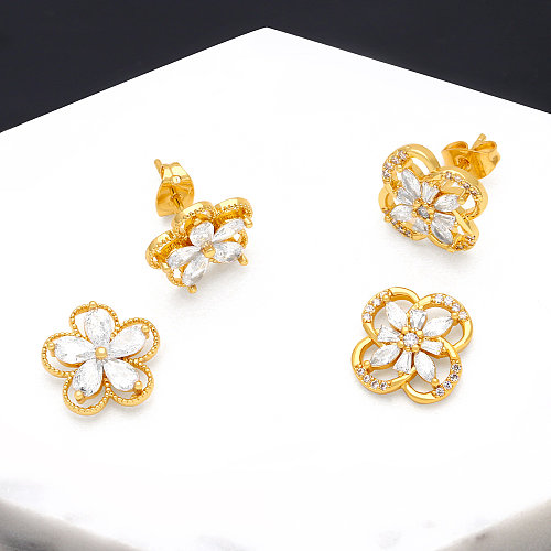Brincos de orelha de zircão banhados a ouro com flor de estilo simples, 1 par
