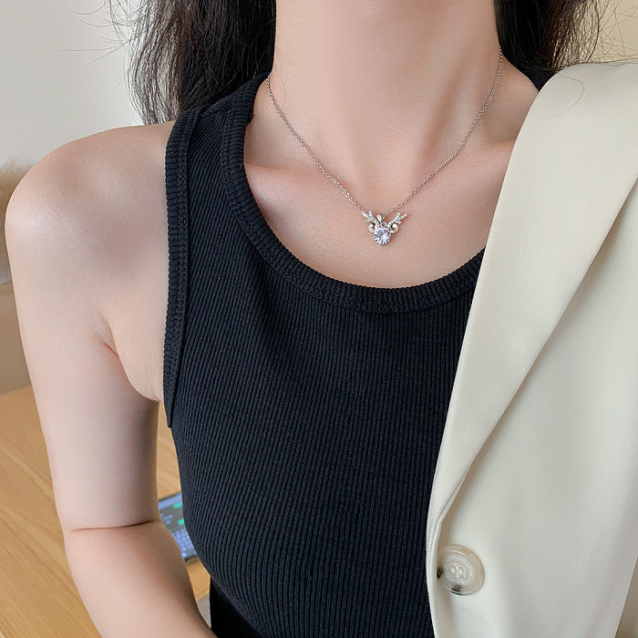 Sweet Shiny Deer Titanium Steel Copper Plating Inlay Zircon Pendant Necklace