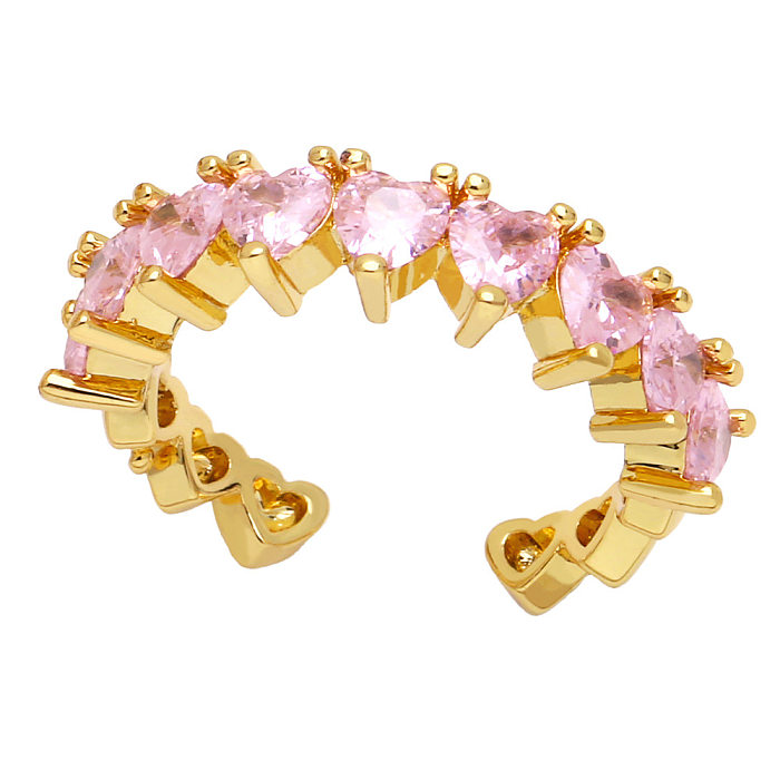 Einfacher offener Ring aus Kupfer mit Zirkon in Herzform und farbigem Diamant für Damen