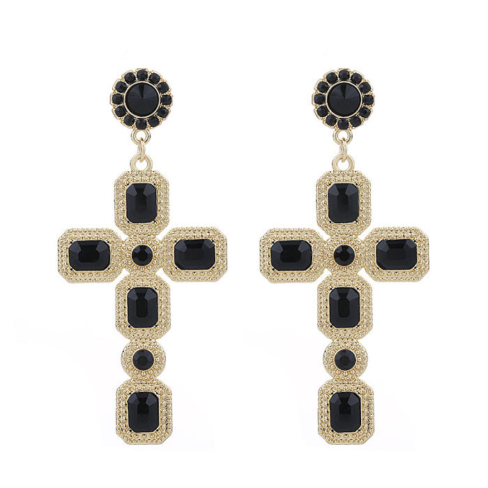 1 Pair Simple Style Cross Inlay Copper Rhinestones Drop Earrings