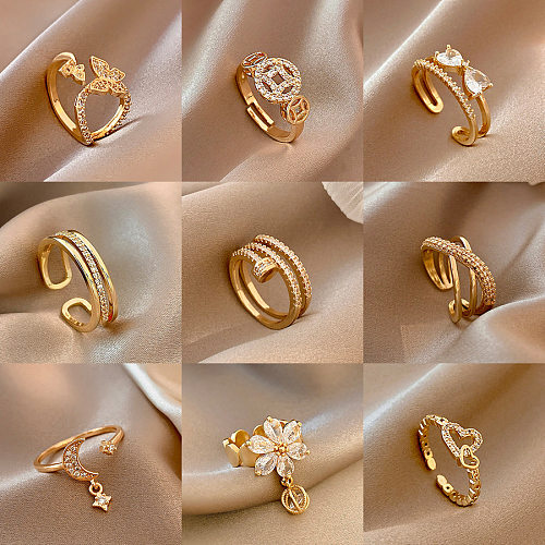 Simple Style Square Flower Bow Knot Copper Hollow Out Inlay Zircon Open Ring 1 Piece