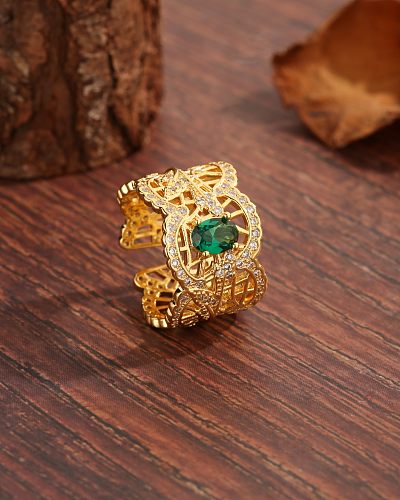 Glam estilo vintage luxuoso revestimento de cobre geométrico oco incrustação de zircão anéis abertos banhados a ouro 18K