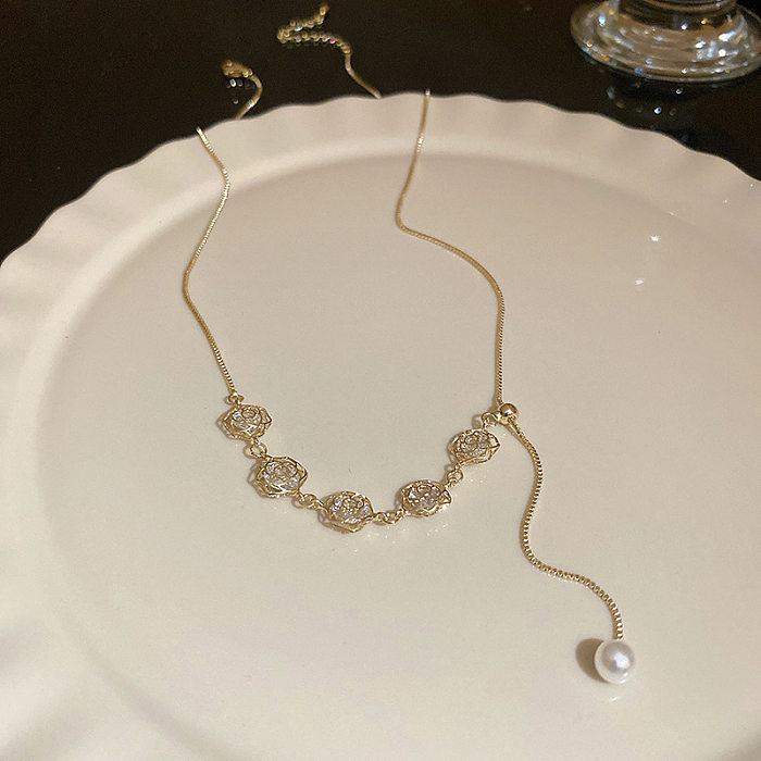 Simple Style Heart Shape Flower Bow Knot Copper Zircon Pendant Necklace In Bulk