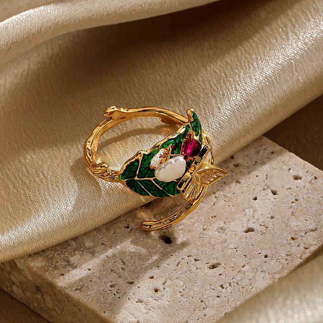 Retro Animal Leaf Copper Plating Copper 18K Gold Plated Open Rings