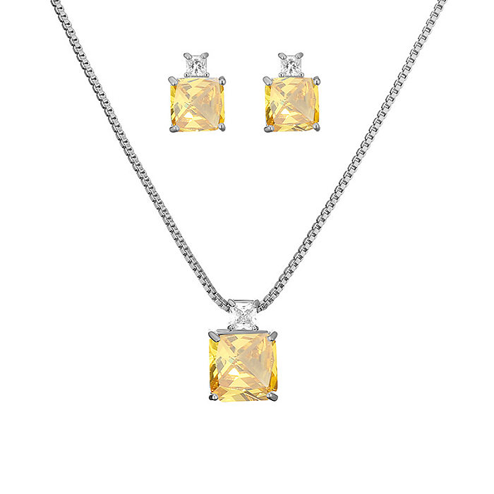 Luxuriöse quadratische Damen-Ohrring-Halskette mit Kupfereinlage und Zirkon, weißvergoldet
