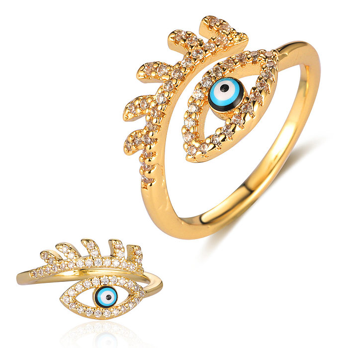 Classic Style Devil'S Eye Star Moon Copper Enamel Inlay Zircon Open Rings