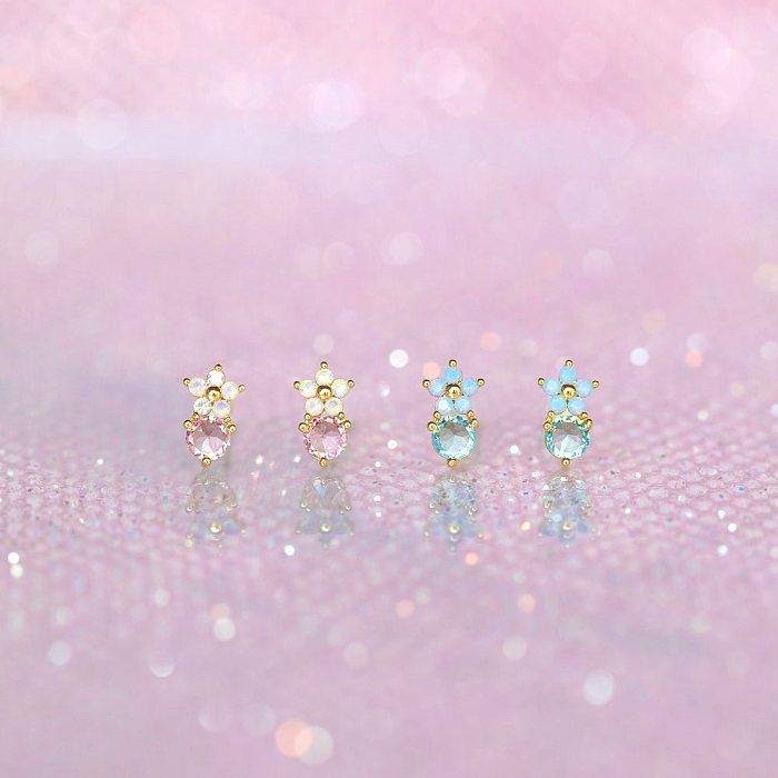Simple Style Flower Brass Ear Studs Inlay Artificial Gemstones Copper Earrings