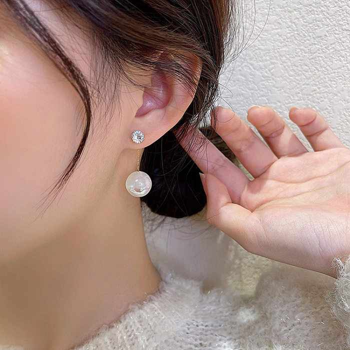 Simple Style Round Copper Plating Inlay Pearl Drop Earrings 1 Pair