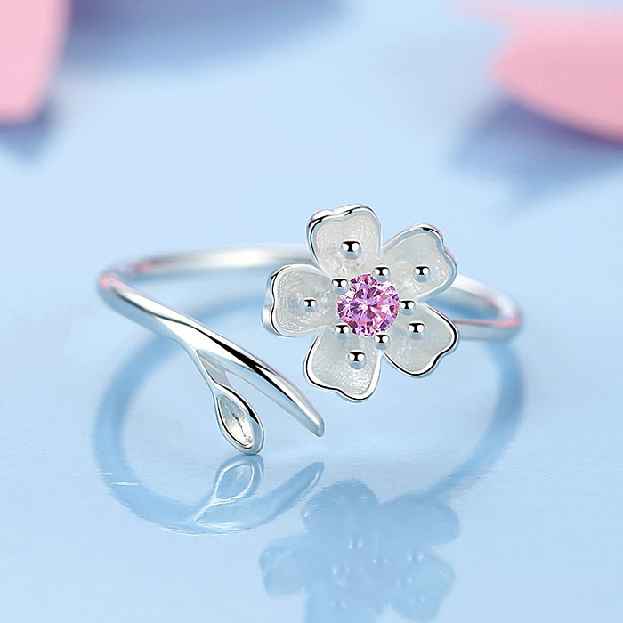 Glam Vacation Sweet Flower Copper Inlay Artificial Diamond Open Rings