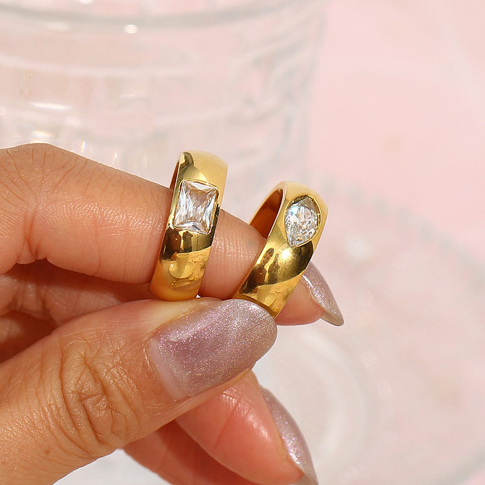 Anéis de aço inoxidável geométricos femininos chapeamento de zircão anéis de aço inoxidável