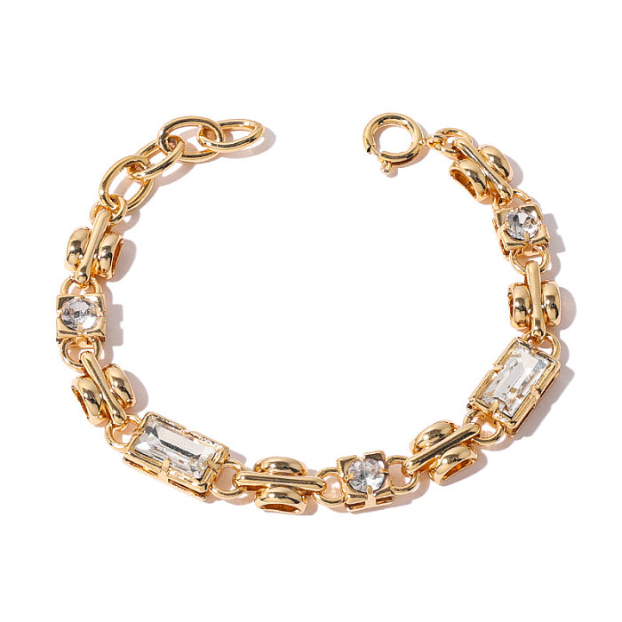 Simple Style Round Rectangle Brass Gold Plated Zircon Bracelets In Bulk